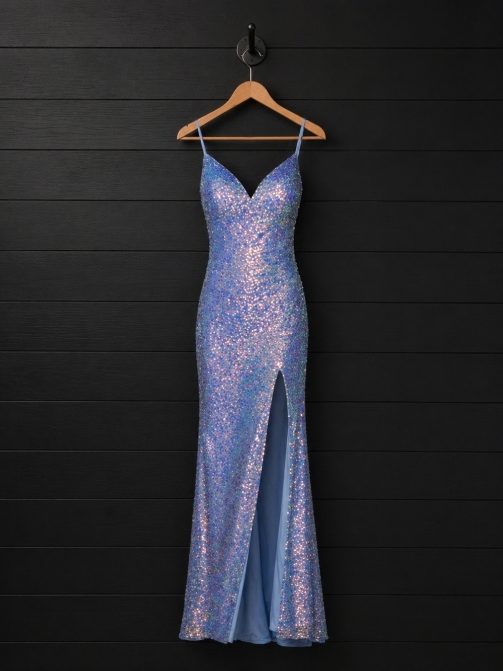 Iridescent Sequin Spaghetti-Strap Evening Gown - Blue
